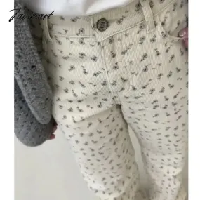 TAVIMART  Vintage Corduroy Pants for Women Y2k Flower Embroidery Korean Fashion Casual Straight Trousers Harajuku 90s Aesthetic New