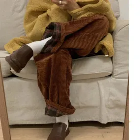 TAVIMART - Vintage Corduroy Wide Pants Women Oversize Plaid Sweatpants Casual Korean Style Brown